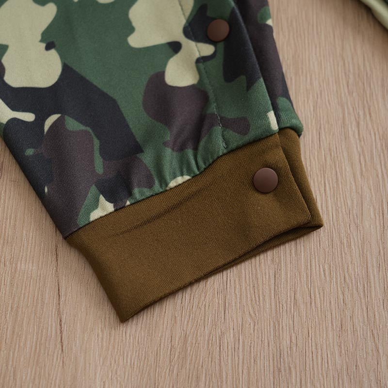 Cute Baby Boy Camouflage Print Jumpsuit | Stylish Camouflage Baby Clothes showing snap button cuff detail on soft fabric infant outfit