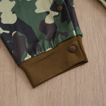 Cute Baby Boy Camouflage Print Jumpsuit | Stylish Camouflage Baby Clothes showing snap button cuff detail on soft fabric infant outfit