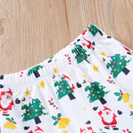 Baby Girls First Christmas Outfit – Ruffle Bodysuit Set with festive print featuring Christmas trees, santas, and stars on soft fabric