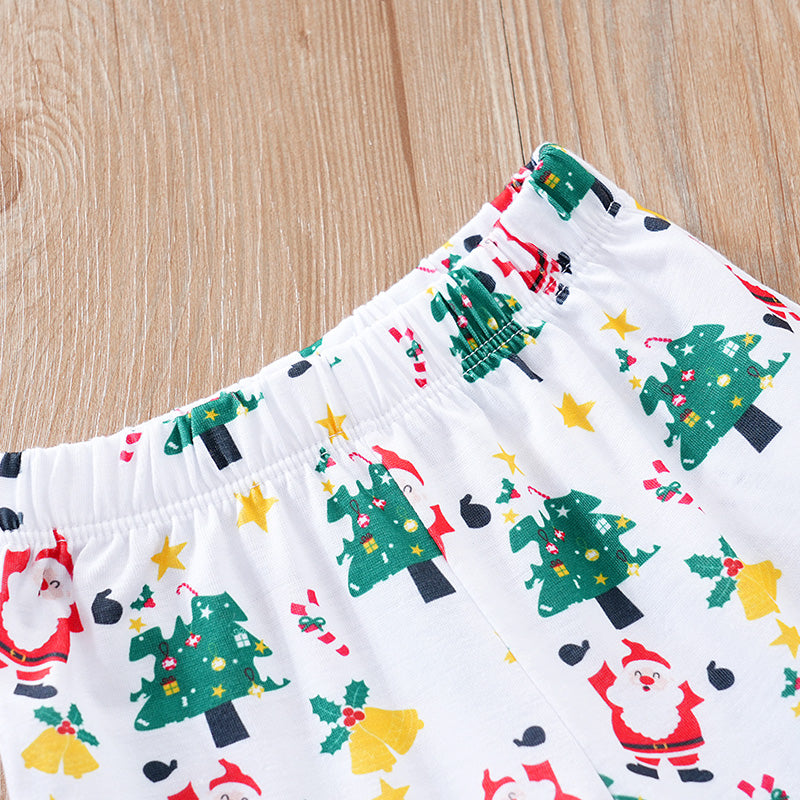 Baby Girls First Christmas Outfit – Ruffle Bodysuit Set with festive print featuring Christmas trees, santas, and stars on soft fabric
