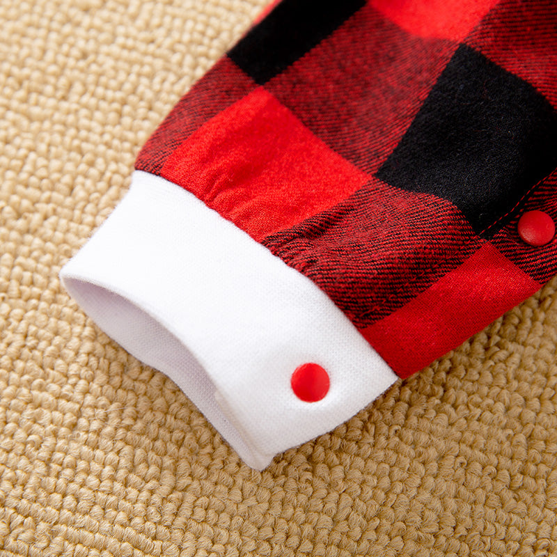 Gender Neutral Baby Jumpsuit With Festive Plaid Design, Soft Cotton, Easy Snap Closure featuring red snap button on white cuff detail