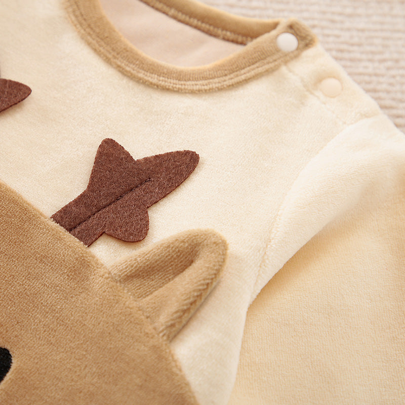 Adorable Reindeer Baby Jumpsuit - Cozy Gender Neutral Outfit for Festive Holidays with soft fabric and snap button detail near neckline
