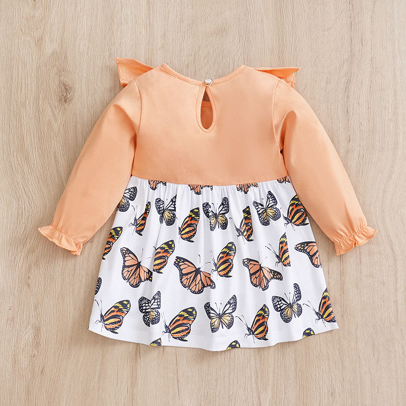 Baby Butterfly Dress Long Sleeve | Hushies Boutique featuring peach top with ruffled cuffs and butterfly print skirt
