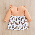 Baby Butterfly Dress Long Sleeve | Hushies Boutique featuring peach top with ruffled cuffs and butterfly print skirt