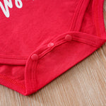 Baby Girls First Christmas Outfit – Ruffle Bodysuit Set featuring red fabric with snap button closure detail