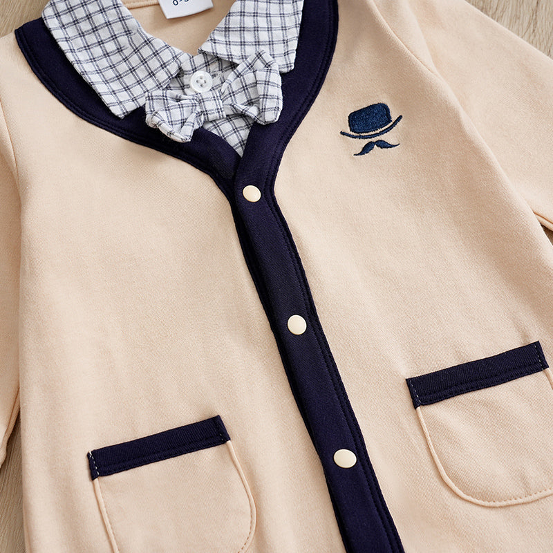 Elegant Gentleman Style Baby Outfit - Beige Cotton Jumpsuit with Checkered Collar featuring embroidered detail and snap button closure