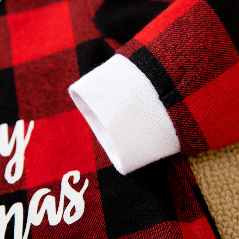 Gender Neutral Baby Jumpsuit With Festive Plaid Design, Soft Cotton, Easy Snap Closure featuring soft white cuff detail on sleeve