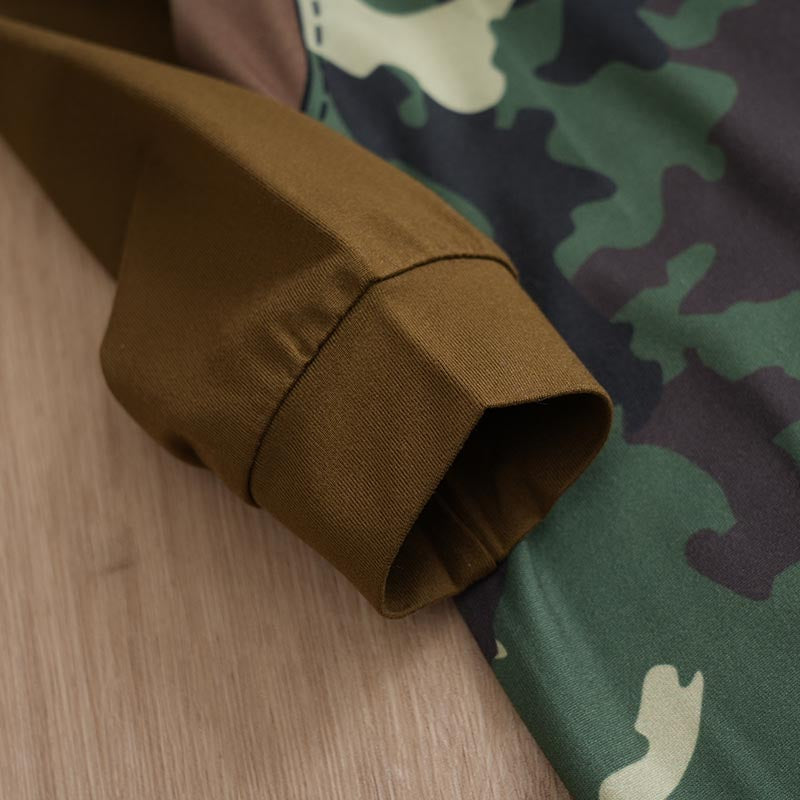 Cute Baby Boy Camouflage Print Jumpsuit | Stylish Camouflage Baby Clothes showing close-up of brown cuff detail on infant jumpsuit sleeve