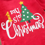 Baby Girls First Christmas Outfit – Ruffle Bodysuit Set in red with festive tree graphic and playful “my 1st Christmas” text design