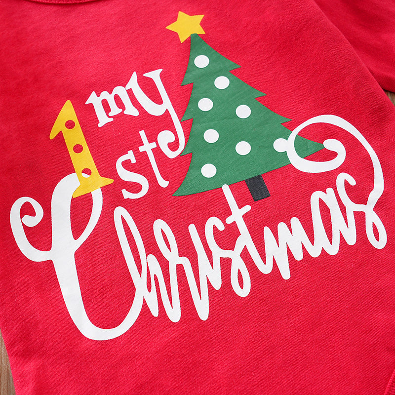 Baby Girls First Christmas Outfit – Ruffle Bodysuit Set in red with festive tree graphic and playful “my 1st Christmas” text design