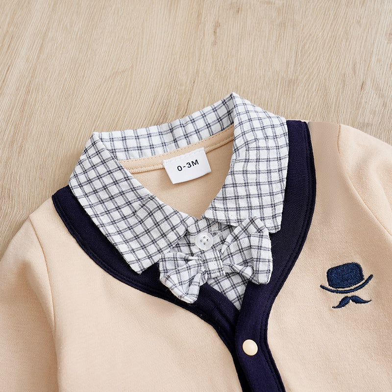 Elegant Gentleman Style Baby Outfit - Beige Cotton Jumpsuit with Checkered Collar and embroidered bow tie detail close-up