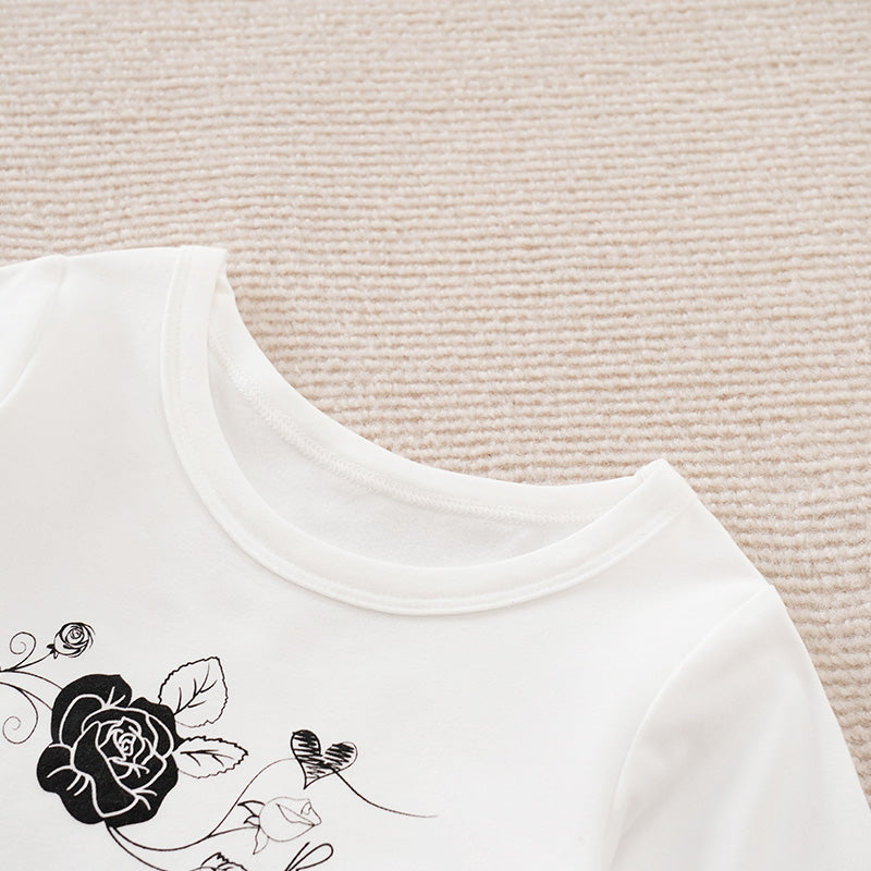 Adorable Little Lovebug Baby Girl Clothing Set - Soft Cotton Outfit for Infants with rose and heart design on white fabric neckline