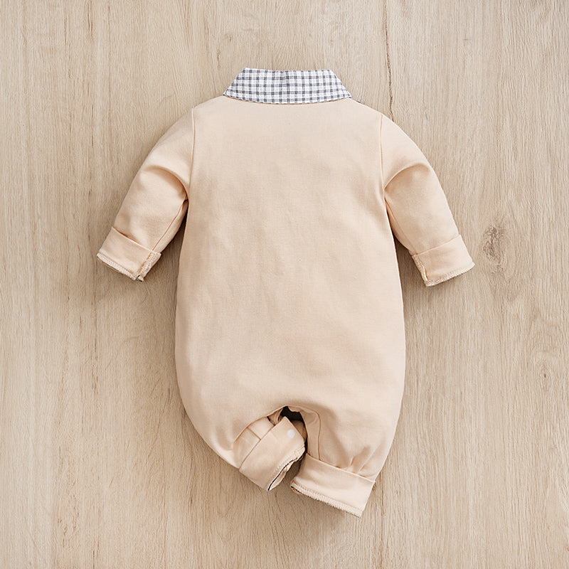 Elegant Gentleman Style Baby Outfit - Beige Cotton Jumpsuit with Checkered Collar laid flat showing back view and cuff details