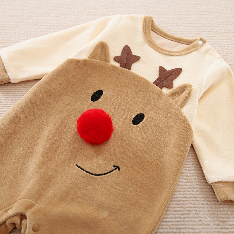 Adorable Reindeer Baby Jumpsuit - Cozy Gender Neutral Outfit for Festive Holidays with soft fabric and red pompom nose detail baby romper