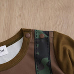 Cute Baby Boy Camouflage Print Jumpsuit | Stylish Camouflage Baby Clothes close-up of snap button shoulder detail on soft infant fabric