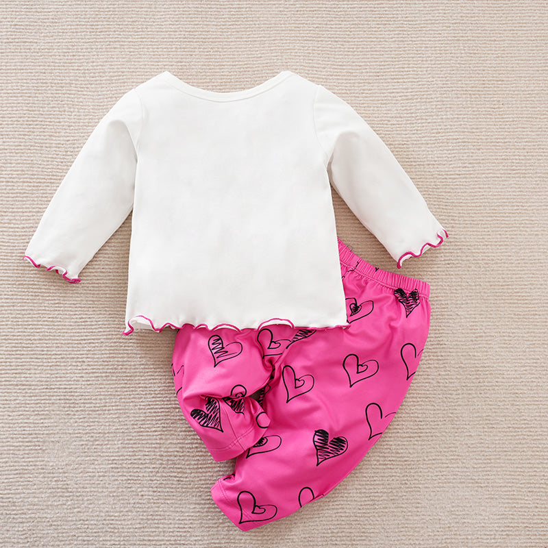 Adorable Little Lovebug Baby Girl Clothing Set - Soft Cotton Outfit for Infants with heart print pants and ruffle-trimmed white top