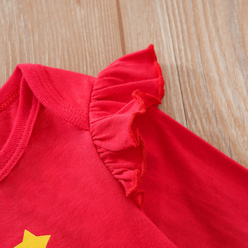 Baby Girls First Christmas Outfit – Ruffle Bodysuit Set featuring vibrant red fabric with delicate ruffled shoulder detail