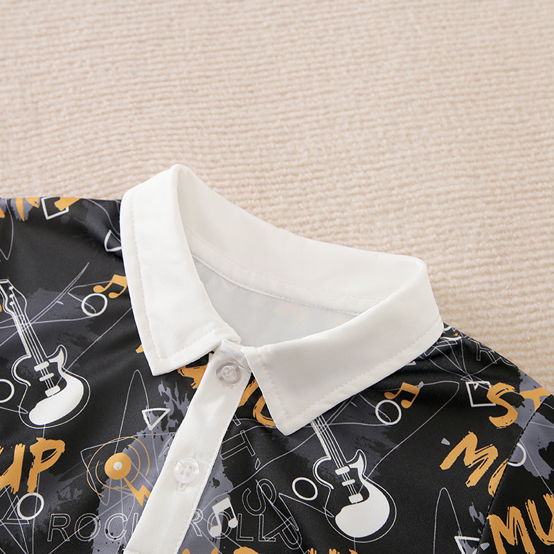 White collar on a black shirt with music-themed design