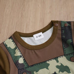Cute Baby Boy Camouflage Print Jumpsuit | Stylish Camouflage Baby Clothes close-up of neckline and shoulder snap button detail on infant outfit
