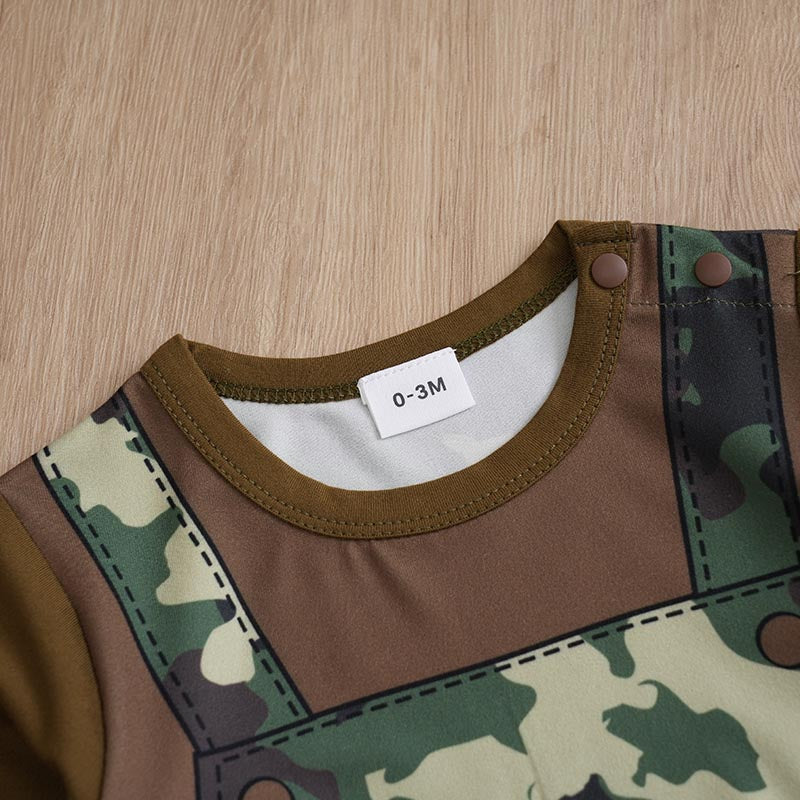 Cute Baby Boy Camouflage Print Jumpsuit | Stylish Camouflage Baby Clothes close-up of neckline and shoulder snap button detail on infant outfit