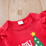 Baby Girls First Christmas Outfit – Ruffle Bodysuit Set featuring red fabric with ruffled shoulders and festive green tree graphic