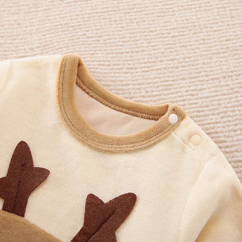 Adorable Reindeer Baby Jumpsuit - Cozy Gender Neutral Outfit for Festive Holidays with soft fabric and snap button shoulder closure detail