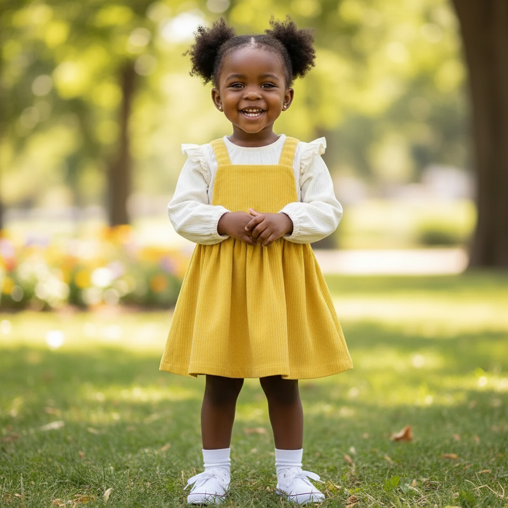 Happy child in a yellow long sleeve dress standing outside in a park, radiating joy and comfort from the soft cotton material.
