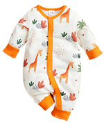 The Little Explorer Giraffe Baby Girl Jumpsuit displayed flat, showcasing its vibrant giraffe pattern baby outfit with an orange trim.