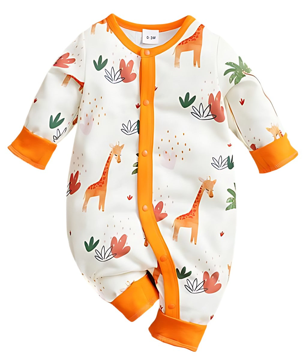The Little Explorer Giraffe Baby Girl Jumpsuit displayed flat, showcasing its vibrant giraffe pattern baby outfit with an orange trim.
