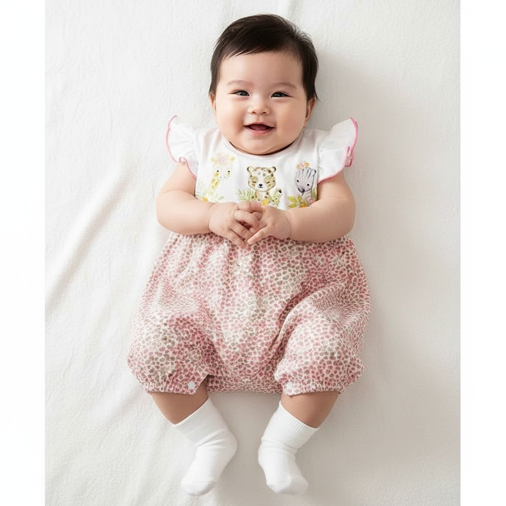 A joyful baby girl wearing the adorable Deer Heart Love Print baby girl romper, sitting on a bed and showing off the playful ruffled sleeves.