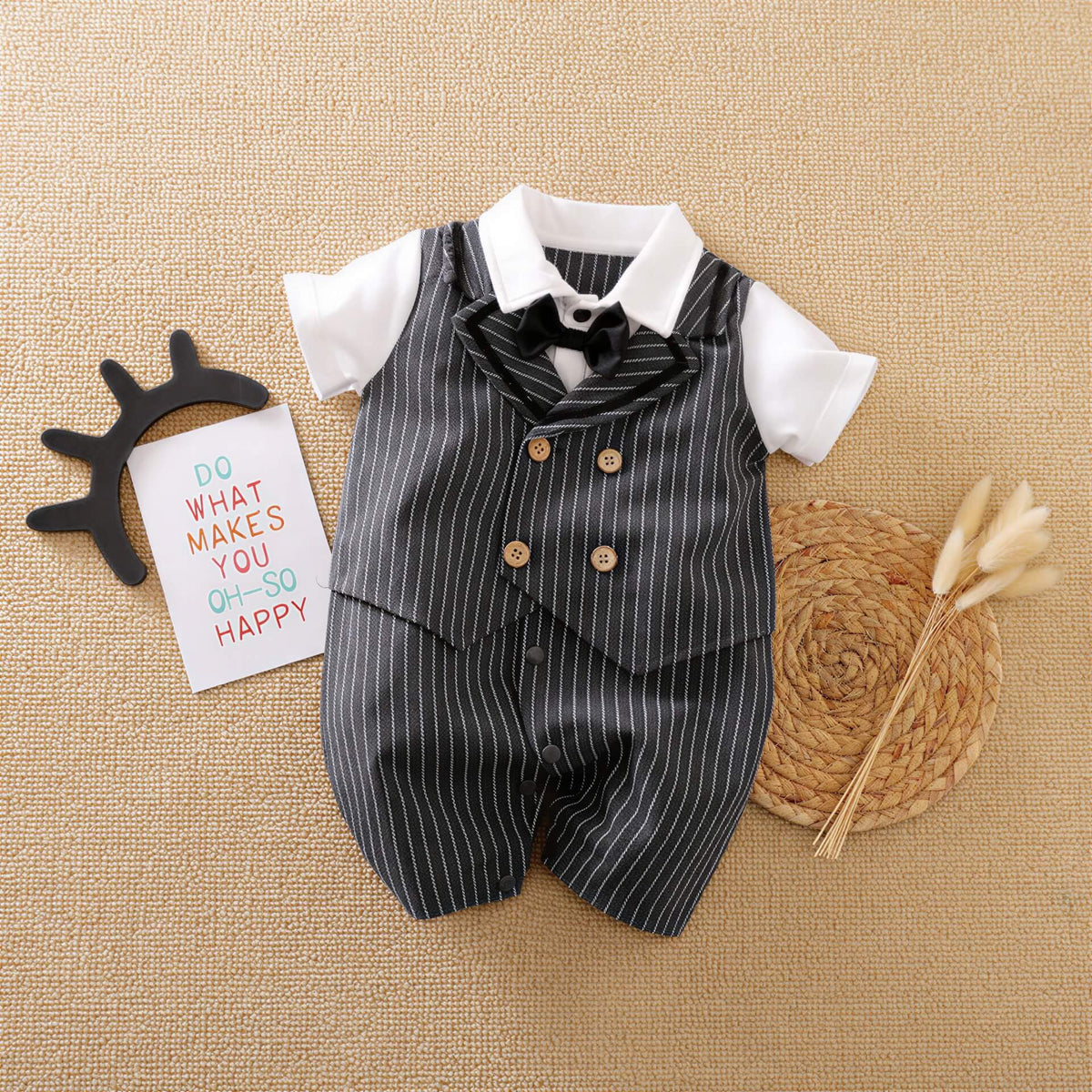 Gentleman Outfit for Baby Jumpsuit - Pinstripe Set | Hushies featuring a formal pinstripe romper with bow tie and collar detail