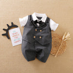 Gentleman Outfit for Baby Jumpsuit - Pinstripe Set | Hushies featuring a formal pinstripe romper with bow tie and collar detail