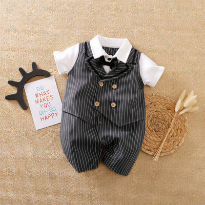 Gentleman Outfit for Baby Jumpsuit - Pinstripe Set | Hushies featuring a formal pinstripe romper with bow tie and collar detail
