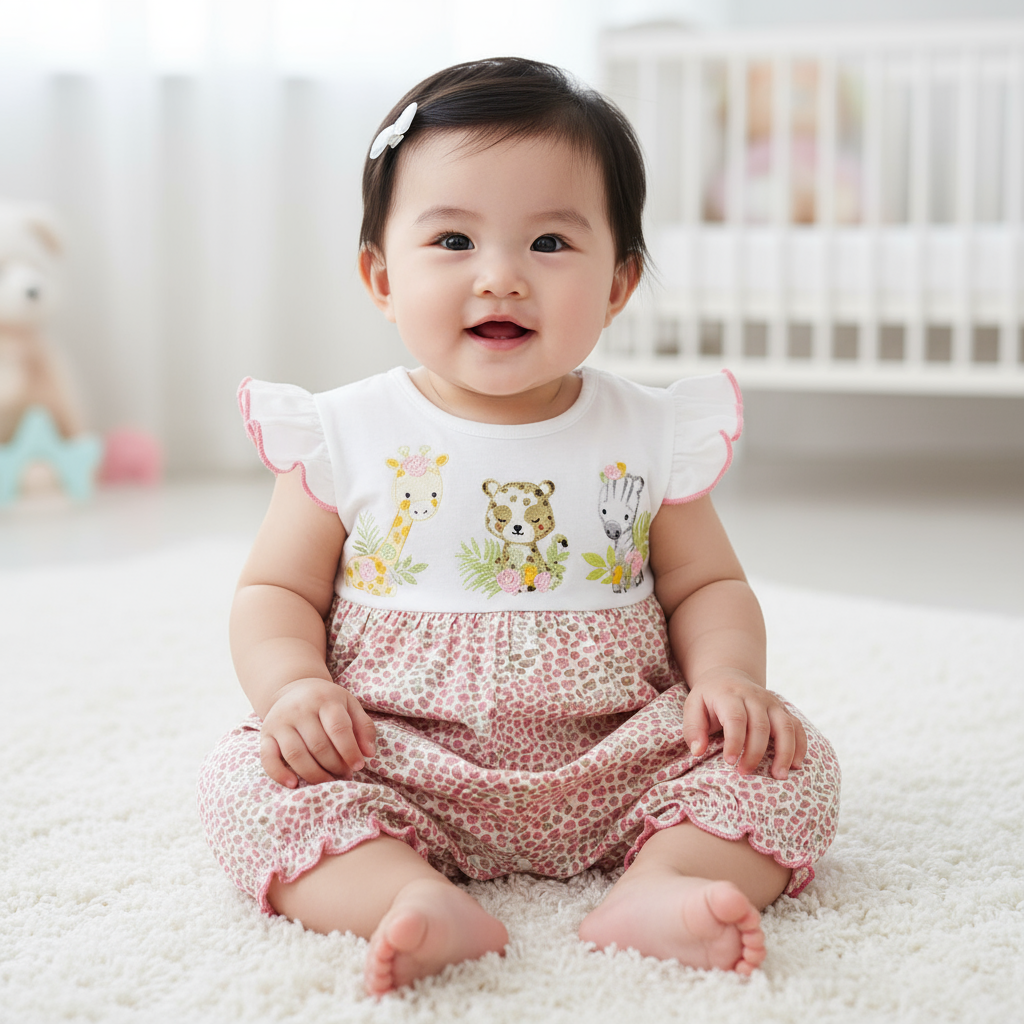 Adorable baby girl romper featuring ruffled sleeves and Deer Heart Love Print, shown worn by a smiling baby girl in a cozy indoor setting.