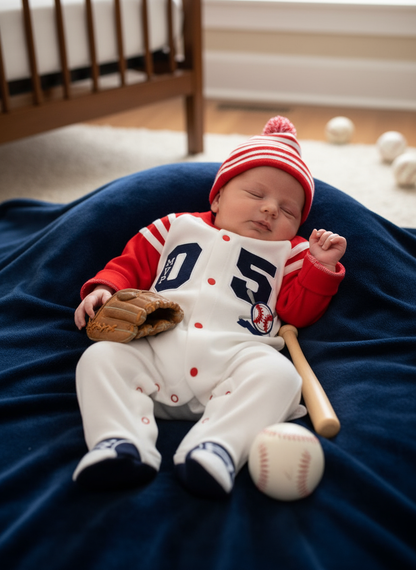 Sleeping baby dressed in the Baseball Themed Baby Outfit - Infant MVP Cotton Footed Jumpsuit, relaxed with a baseball glove and a bat, cozy under a navy blanket.