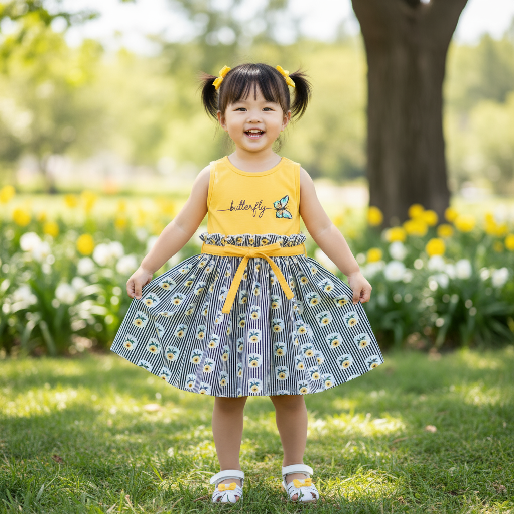 Happy young girl smiling in a butterfly dress for girls with a cheerful yellow top and striped floral skirt, set in a bright garden.