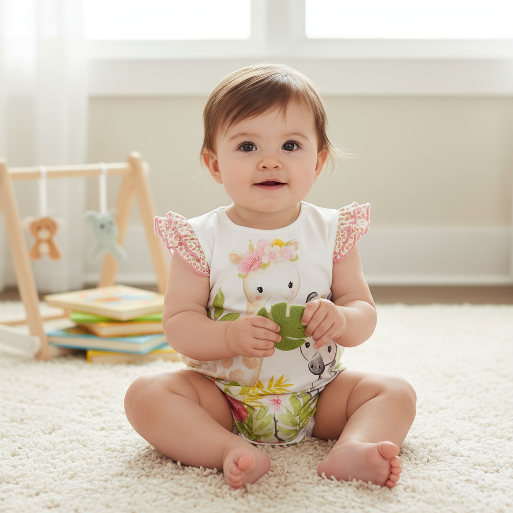 Adorable 1-Piece Deer & Zebra Print Baby Romper - Soft Breathable Baby Clothes, showcasing a cute baby playing while sitting on a rug, dressed in the charming romper.