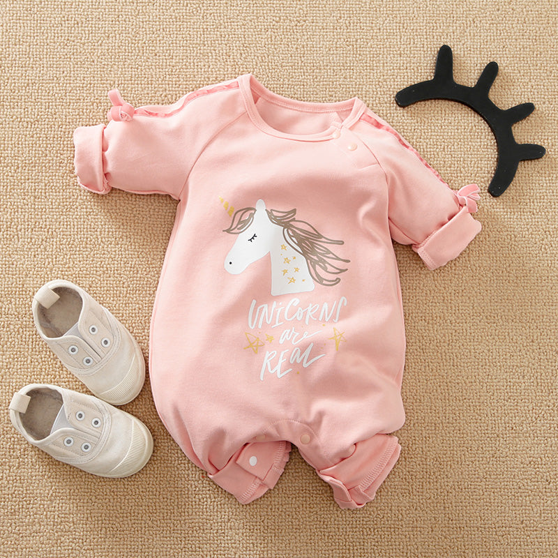 Unicorn Baby Jumpsuit Pink Romper | Hushies Soft Bow with unicorn print and snap buttons for easy change