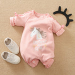 Unicorn Baby Jumpsuit Pink Romper | Hushies Soft Bow with unicorn print and snap buttons for easy change