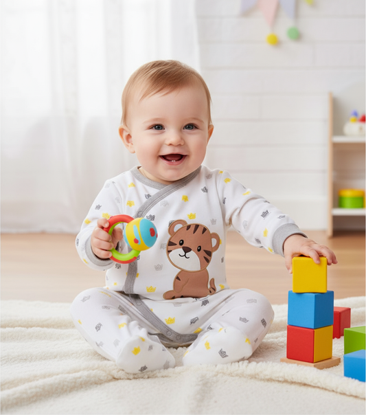 Smiling baby boy playing with blocks while wearing the King Bear Crown Cotton Footed Jumpsuit for Baby Boys, a cozy and soft cotton baby jumpsuit.