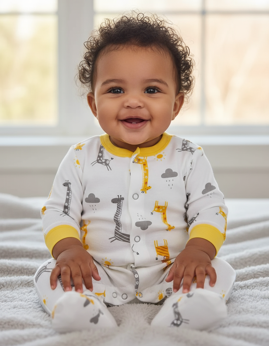 Joyful baby in a Unisex Giraffe Baby Outfit, sitting on a soft blanket with a bright window backdrop, highlighting the cute giraffe print.