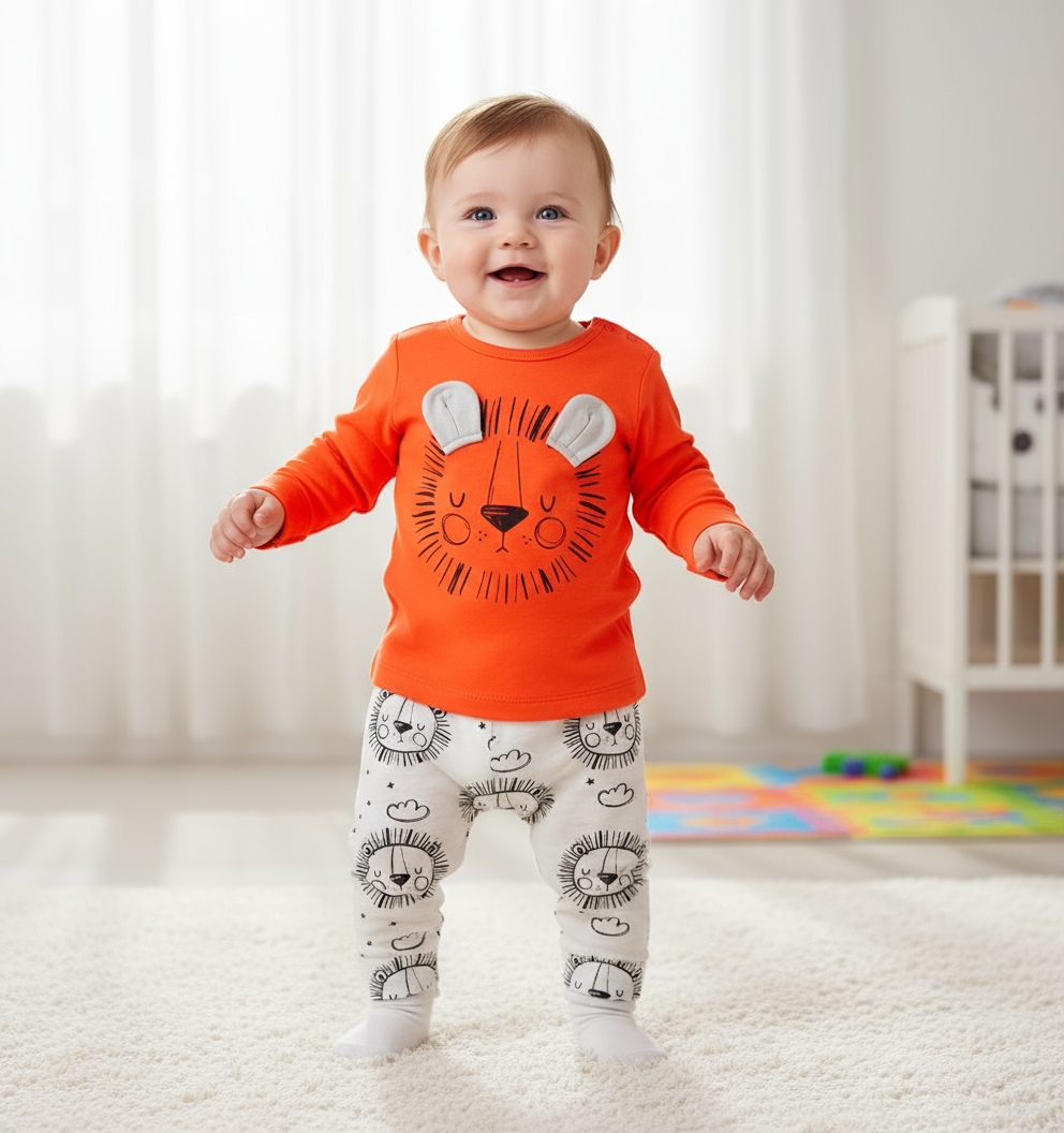 Smiling toddler standing in the Unisex Lion Rawr Baby Bodysuit Set, showcasing an adorable lion print and cozy fit for active play.