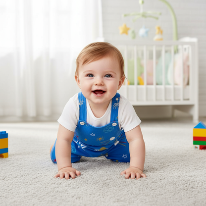 Crawling toddler in a cozy baby blue romper with star print by Hushies, demonstrating joy in a playful environment with colorful toys around.