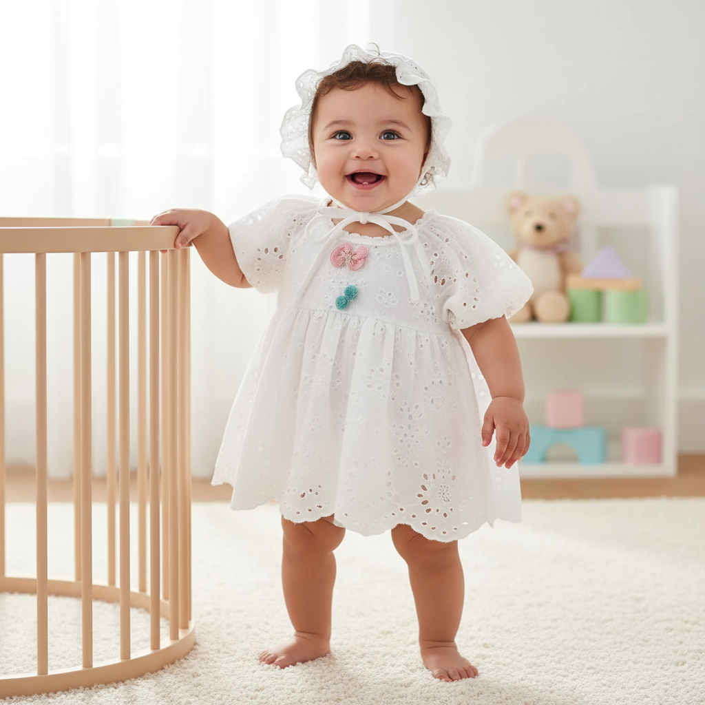 Baby Girl Cotton Romper Dress With Matching Hat on a toddler standing and smiling, demonstrating the playful and stylish cotton romper dress in a bright, cozy environment.