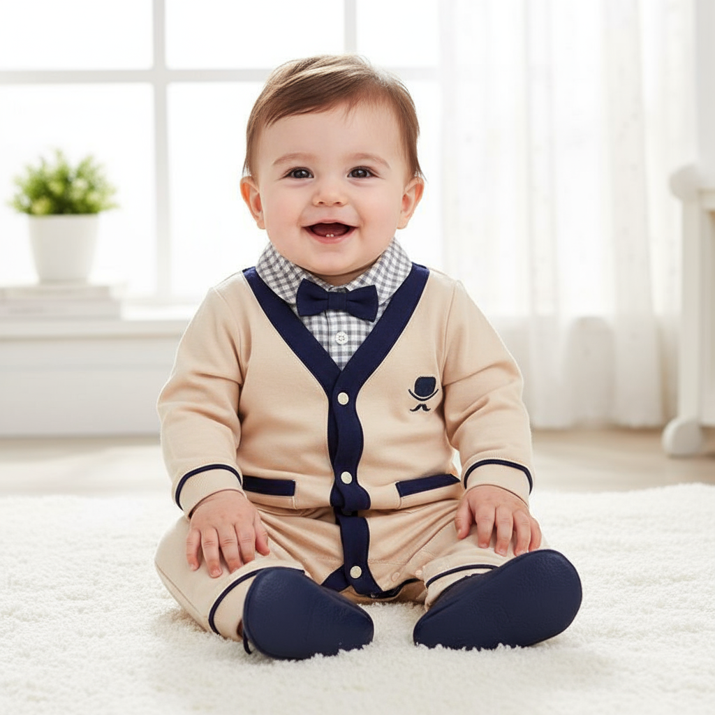 Happy baby boy wearing an Elegant Gentleman Style Baby Outfit - Beige Cotton Jumpsuit with Checkered Collar, showing a charming smile while seated.