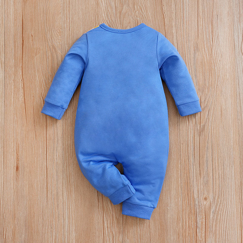 Builder Themed Baby Outfit for Boys - Tiny Builder Jumpsuit in soft blue fabric with long sleeves and cuffed ankles baby clothing