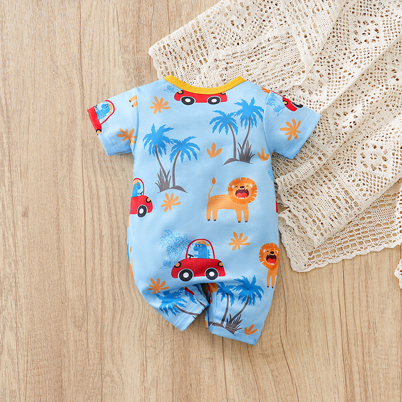 Lion & Wheels Playtime Romper for Boys - Soft, Breathable Fabric with playful lion and car prints on baby romper toddler clothing