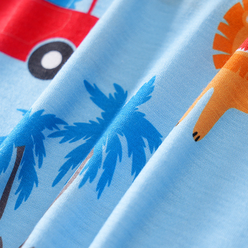 Lion & Wheels Playtime Romper for Boys - Soft, Breathable Fabric featuring bright lion and vehicle prints on baby clothing fabric