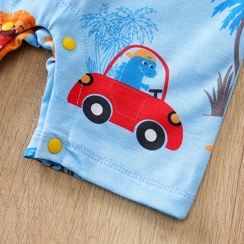 Lion & Wheels Playtime Romper for Boys - Soft, Breathable Fabric & Fun Design with snap buttons and colorful car and animal prints baby romper