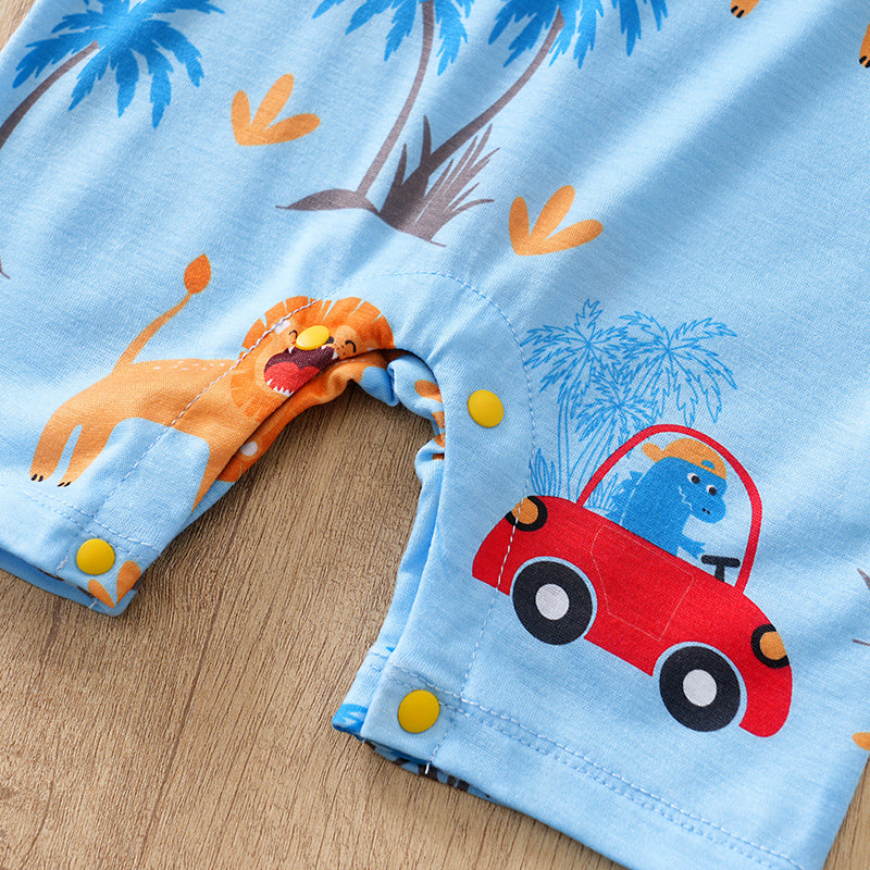 Lion & Wheels Playtime Romper for Boys - Soft, Breathable Fabric & Fun Design with snap button closure and playful lion and car prints baby outfit